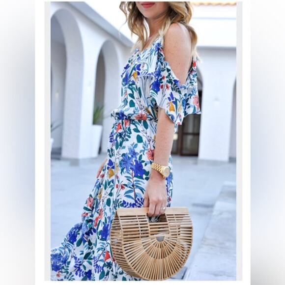 Parker Silk Cold Shoulder Floral Midi Dress Womens Size M Blue Asymmetrical - Picture 2 of 8